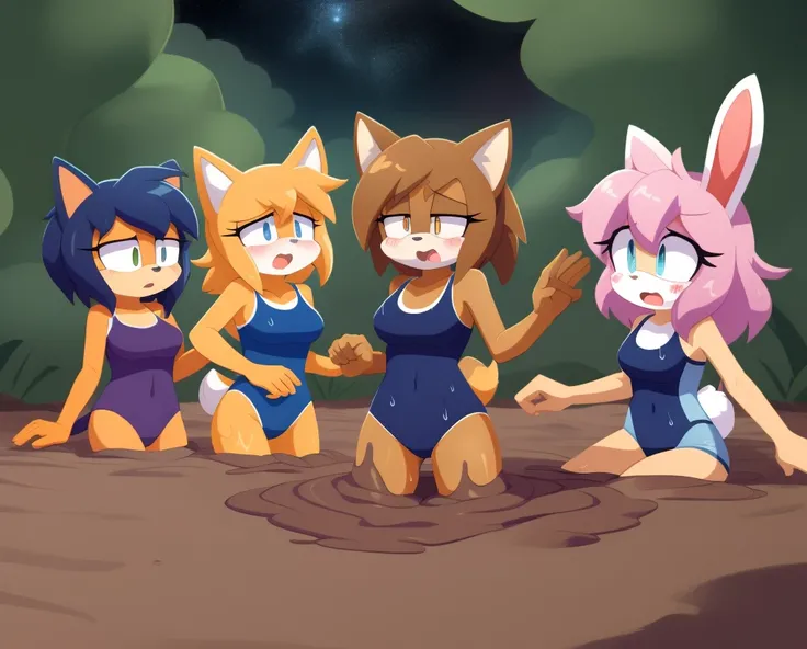 Mobian girls, best quality, HD, full body, sexy breasts, dog girl, fox girl, coyote girl, cat girl, rabbit girl, old school swimsuit, swimsuit, wet, blush, 5girls, 5girls inside tentacles pit, group peril, multiple girls, tentacles, 5girls together, hair, ...