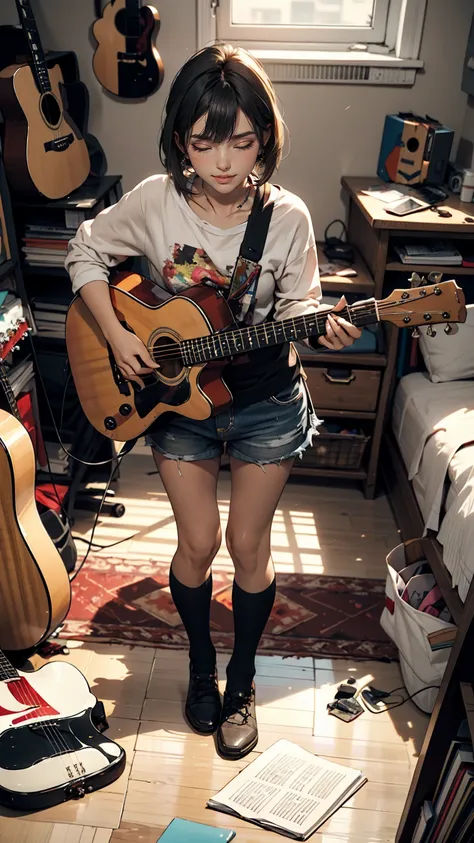 mouth, one girl, alone, in a messy room, guitar,smile