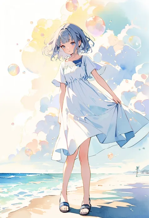 A girl is walking along the beach with her head down,Many floating soap bubbles,White dress,Sandals,(16yo,beautiful detailed face,BREAK (navy hair-color),(wavy-short hair),parallel eyebrows,navy eyes with large irises,blunt bangs,small nose, fresh lips,sma...