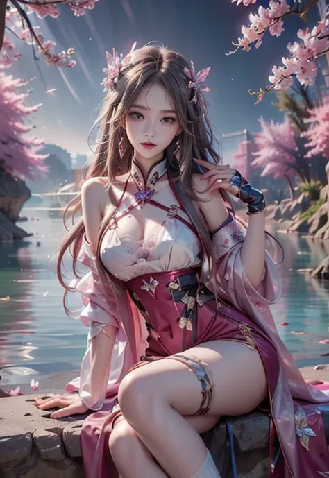 8K, Ultra high quality, masterpiece, HD color, 1 girl, Perfect face, very long curly hair, delicate eyes, Simple clothes, ((Magenta clothing)), Socks, ((Crisscross lace)), sardine, Shoulder Straps, Netsuit, ((Long loop)), jewelry, Waterside, Realistic scen...