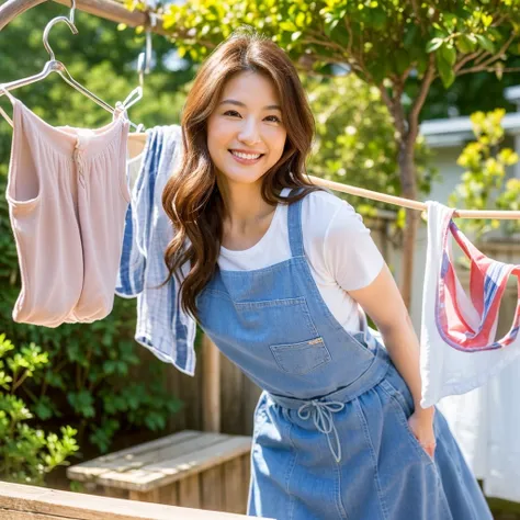 ((((Woman hanging laundry on clothesline hanger,Complex and accurate clothesline hanger,Complex and accurate clothesline,Woman hanging panties in the garden at home,Hang and dry sexy underwear,Waist up shot,カメラを見つめるThe best smile,The background is a garden...