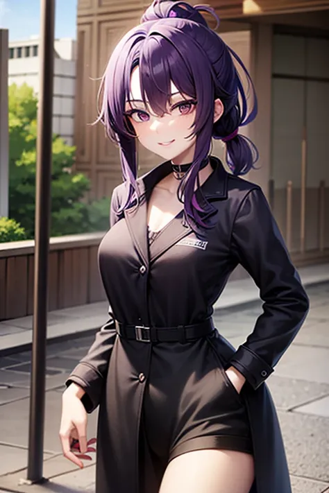 Purple Hair　Half an eye　masterpiece　Low ponytail　Female college student　Black overcoat　thin　mysterious　Suspicious　smile　whole body　28 years old　Mature