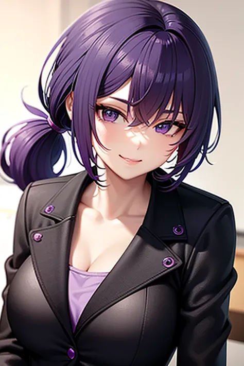 Purple Hair　Details　masterpiece　Low ponytail　Female college student　Black overcoat　thin　mysterious　Suspicious　smile　whole body　28 years old　Mature