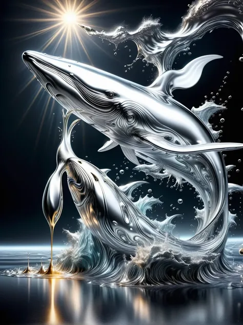 (An ocean of liquid metal:1.5)，(A giant white whale made of liquid metal)，Graceful cruising and singing，Liquid metal skin, Metal smelting，Liquid dripping