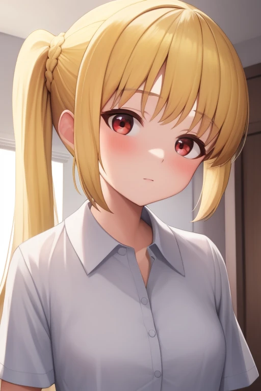 (masterpiece, highest quality:1.2), A girl with blonde hair and red eyes wearing a white shirt, Side Ponytail, Full Bang, Looks confused, Bedroom, 
Super detaileded, highest quality, Expressive eyes, Perfect Face, super high quality, Super detailed,nsfw,cu...