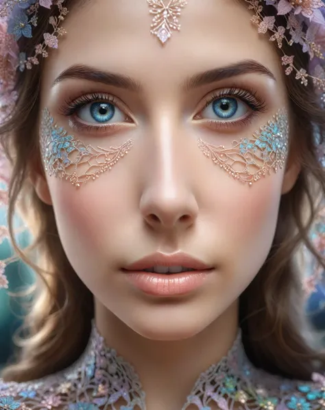 a highly detailed and intricate fractal pattern female portrait, beautiful detailed eyes, beautiful detailed lips, extremely detailed eyes and face, long eyelashes, delicate skin, intricate floral patterns, ethereal, mystical, dreamlike, soft pastel colors...