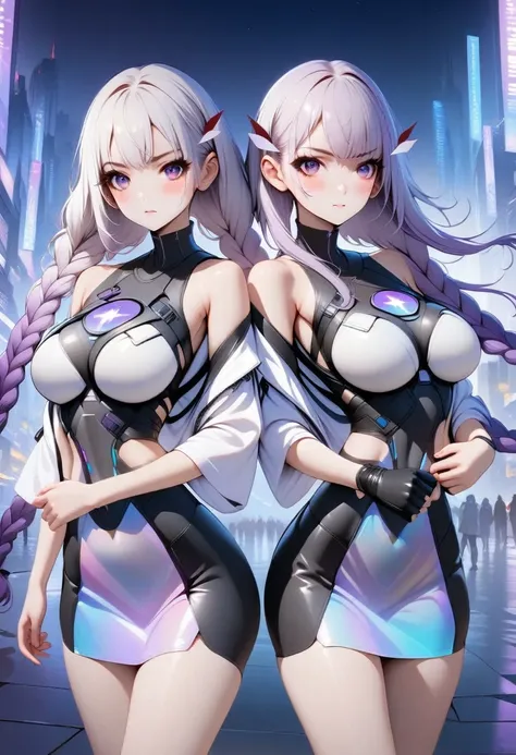 best quality,masterpiece, 2 girls side by side, yinji, purple hair, purple eyes, long hair, white hair, double braids, gradient hair, Refined and elegant, 3D Rendering, Transparent PVC clothing,Transparent colored vinyl garment,Prismatic,holographic,Chroma...