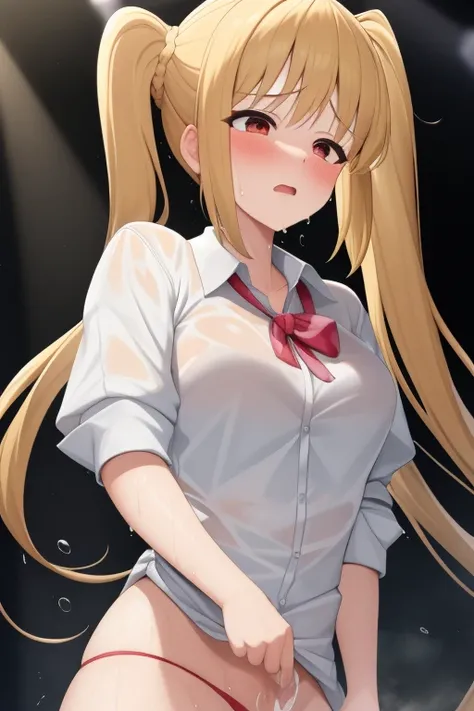 (masterpiece, highest quality:1.2), A girl with blonde hair and red eyes wearing a white shirt, Side Ponytail, Full Bang,(vulgarity:1.1),(fucked silly:1.1),(steam:1.1),(wet:1.1),(trembling:1.1) ,cryingtears,flying sweatdrops on stage, Super detaileded, hig...