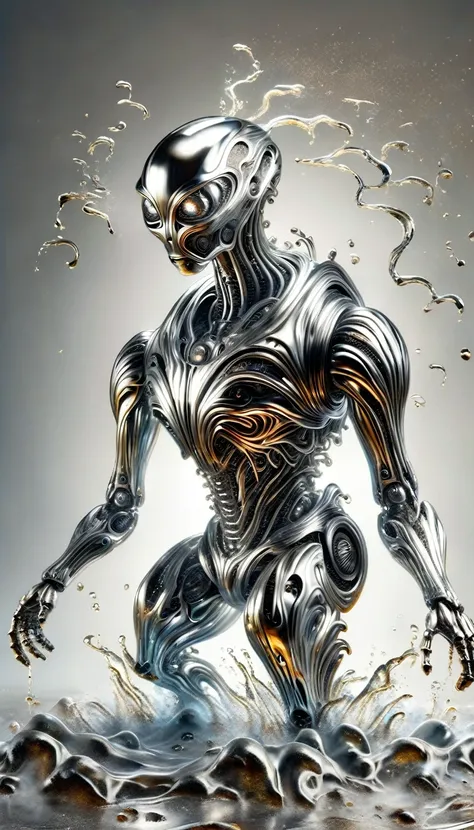 realistic full-body photo of a robot made of liquid metal, dynamic action poses:1.5, the splashing metal liquid interprets energ...