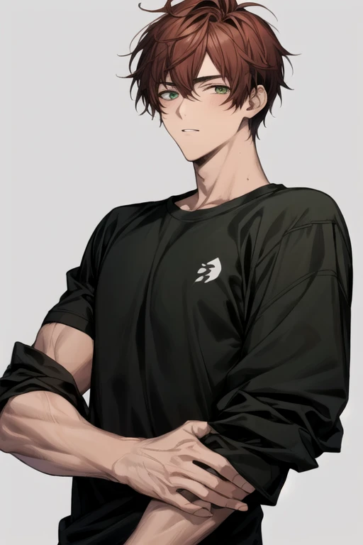 Anime 24-year-old guy, slightly tanned skin, slightly messy short auburn hair, green eyes, athletic body, black shirt, side part hair