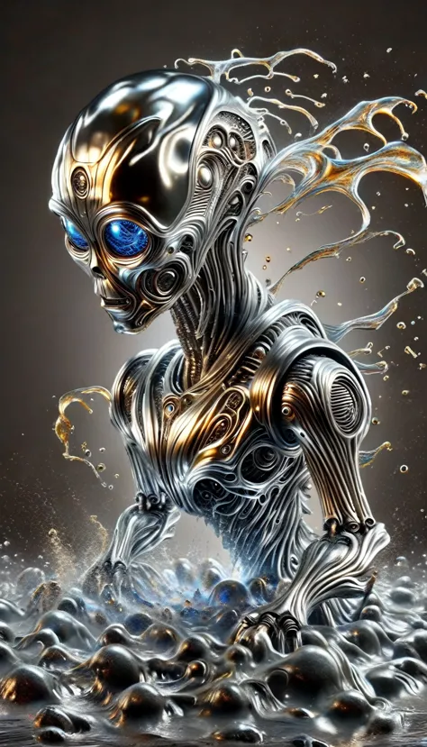 realistic full-body photo of a robot made of liquid metal, dynamic action poses:1.5, the splashing metal liquid interprets energ...