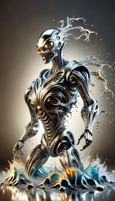 realistic full-body photo of a robot made of liquid metal, dynamic action poses:1.5, the splashing metal liquid interprets energ...