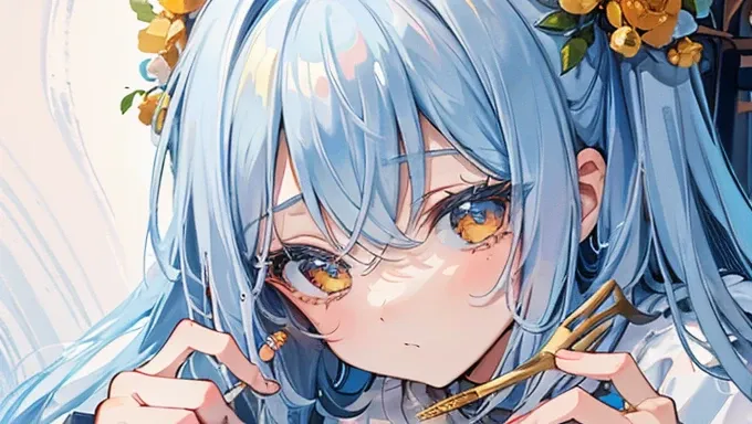 (masterpiece,highest quality),(maximum details),(eye details),(hand details),woman,10 years old,long hair,light blue hair,yellow...