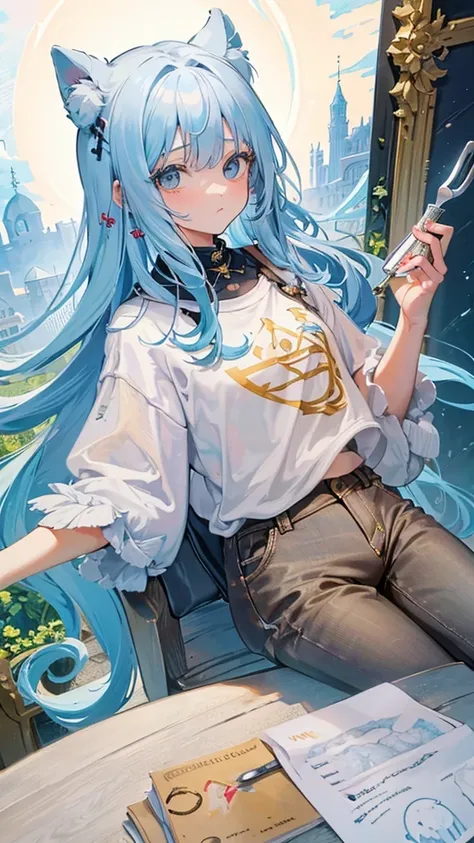 (masterpiece,highest quality),(maximum details),(eye details),(hand details),woman,10 years old,long hair,light blue hair,yellow...