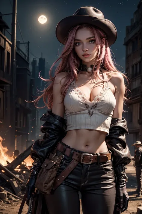 neopolitan, neopolitan, long hair, brown hair, (brown eyes:1.3), pink hair, multicolored hair, pink eyes, two-tone hair, (heterochromia:1.2), split-color hair, BREAK gloves, hat, navel, brown eyes, detached sleeves, midriff, belt, pants, white gloves, blac...