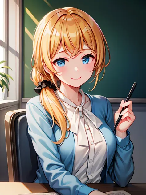 high resolution、high definition、high quality、masterpiece、1 female、ellen baker、school teacher、blonde、blue eyes、light blue suit、sc...