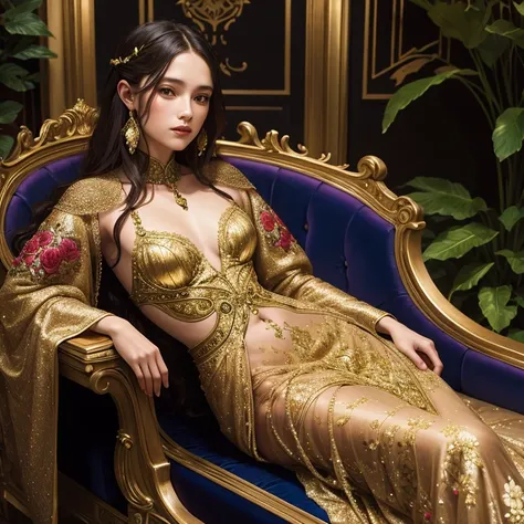 James C Christensen long shot of lady posing on chaise dressed in shimmering embroidered tafetta --c 33 --ar 10:7 --s 999 --v 6.0