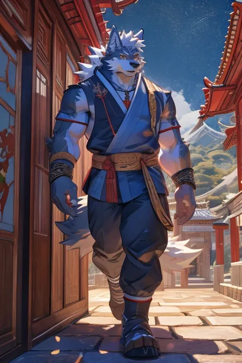 Wearing the God of Moneys red hat, Ancient Chinese style,The God of wealth in China,The Chinese God of Wealth suit,furry,gray wolf,long hair,white hair,white eyebrows, wolf boy,stand,sunshine, furry boy,furry,particles, blue glowing,detailed background,pho...