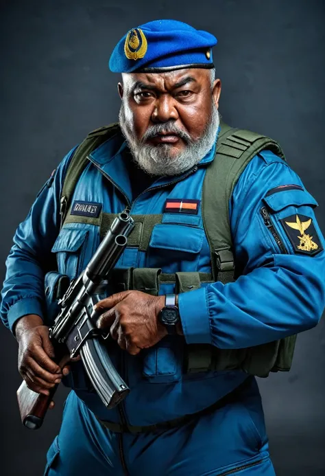 (a dark-skinned bearded fat old man in a blue pilot suit) holding a gun and (wearing blue army beret on his head), muscular, Basuki Abdullah, sumatraism, action, a character portrait, heroic, fierce, snarling