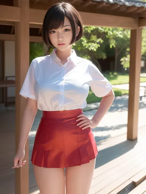 a beautiful 18-year-old Japanese lady,short bob hair,serafuku uniform,tight translucent shirt,large round breasts,slender curvy figure,beautiful detailed eyes,long eyelashes,double eyelids,elongated eyes,innocent smile, red ribbon,short pleated miniskirt,r...