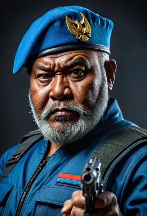 (a dark-skinned bearded fat old man in a blue pilot suit) holding a gun and (wearing blue army beret on his head), muscular, Basuki Abdullah, sumatraism, action, a character portrait, heroic, fierce, angry