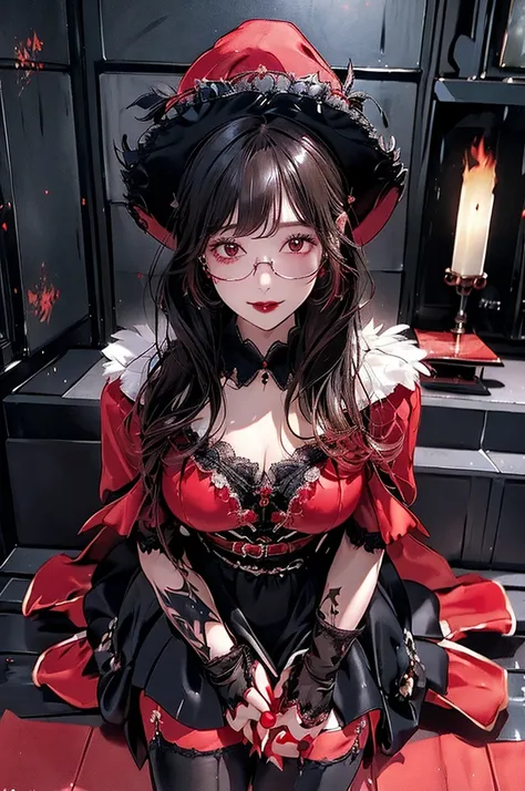 One woman、witch、((Luxurious room with fireplace))chandelier、((Crimson long dress))、Big feathered hat、Tall、Garter Stockings、Black underwear、(Sucking kissel)Fat body type ((Full body tattoos))((Highest quality))(Clear images)(Sit in a luxurious chair)Glasses...