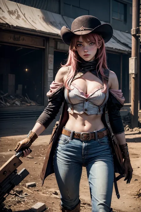 neopolitan, neopolitan, long hair, brown hair, (brown eyes:1.3), pink hair, multicolored hair, pink eyes, two-tone hair, (heterochromia:1.2), split-color hair, BREAK gloves, hat, navel, brown eyes, detached sleeves, midriff, belt, pants, white gloves, blac...