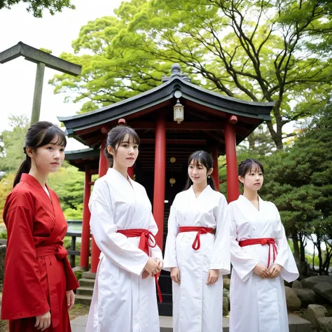 Girls at a Japanese shrine under the sky,Long-sleeved white hakama,Red Hakamashita,Red string ribbon in hair,18-year-old,bangs,A small smile,feet,Shortcuts,Low Ponytail,From below,Front light