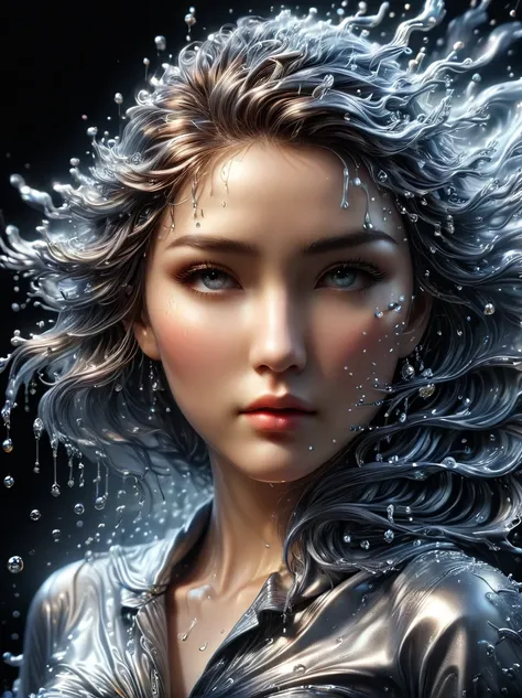 1girl, (Made of liquid metal:1.5)，Metal water droplets，Dripping，液态Metal Rain滴，下液态Metal Rain，Metal Rain，美丽detailed的眼睛，美丽detailed的嘴唇，极其detailed的眼睛和脸，Long eyelashes，Flowing metal,Metallic luster，Reflective surface，Dynamic poses，戏剧性light，Dark background，The ar...