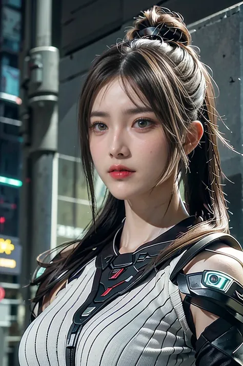 Game Art，Best picture quality，Maximum resolution，8K，((A bust photo))，((portrait))，(Rule of Thirds)，Unreal Engine 5 rendering works， (Future Girl)，(Female Warrior)，22-year-old girl，(Long hair casual)，(Future Style的军装，Beautiful eyes full of details)，(Large B...