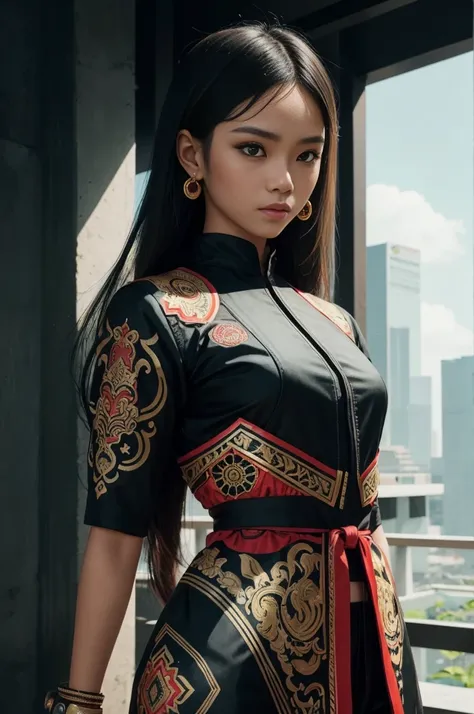 Indonesian style futuristic set，Girls wearing，Reflecting cultural integration and modern fashion. The suit is decorated with intricate patterns and bright colors, Showcasing Indonesia’s rich cultural heritage. The girl stood confidently，Strike a dynamic po...