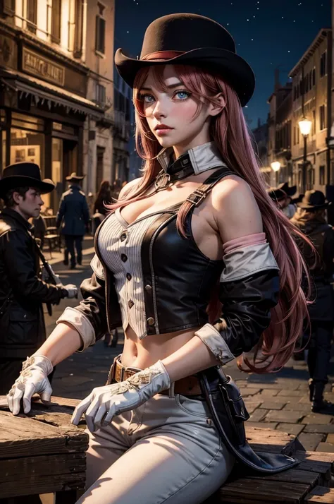 neopolitan, neopolitan, long hair, brown hair, (brown eyes:1.3), brown eyes, pink eyes, (heterochromia:1.2), two-tone hair, split-color hair, pink hair, brown hair, multicolored hair, BREAK gloves, hat, navel, detached sleeves, midriff, belt, pants, white ...