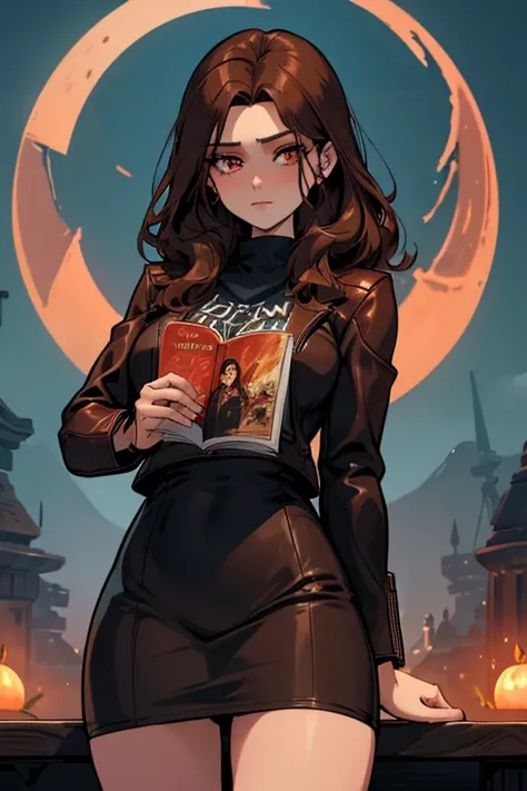 A brown haired female witch with copper eyes and an hourglass figure in a leather jacket and a t-shirt dress is  reading in front of three red moons