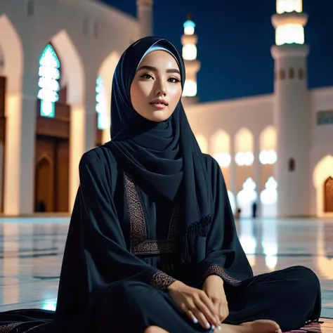 dynamics shot, a beauty woman, 20 yo, clean face, korean, wearing hijab and abaya, sitting in the mosque courtyard, unique mosque architecture, night time, calm eyes, very details, UHD, 8K