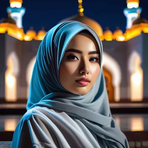 dynamics shot, a beauty woman, 20 yo, clean face, korean, wearing hijab and abaya, sitting in the mosque courtyard, unique mosque architecture, night time, calm eyes, very details, UHD, 8K