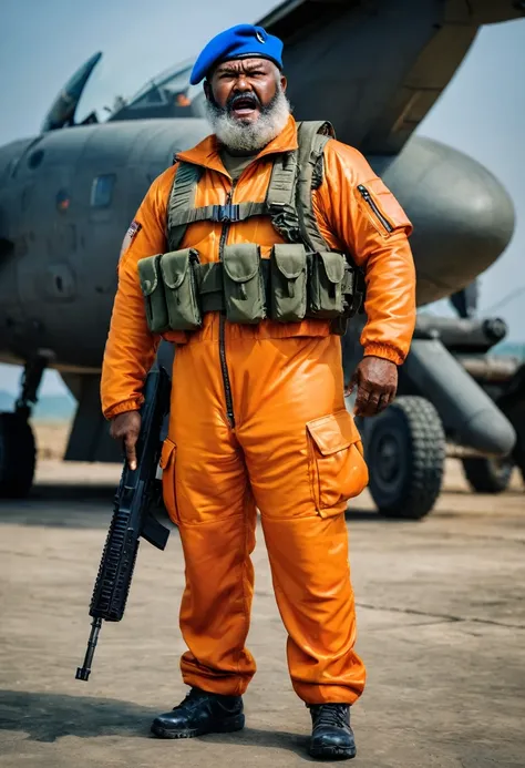 (a dark-skinned bearded fat old man in a orange pilot suit) holding a gun and (wearing blue army beret on his head), muscular, Basuki Abdullah, sumatraism, action, a character portrait, heroic, fierce, snarling