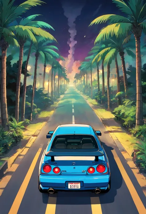 sticker design, nissan skyline car,  night background, palm trees, 5 layers colors, drifting in mountain road, smoke from tyres