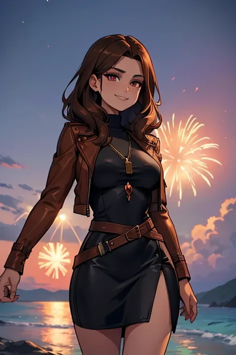 A brown haired female witch with copper eyes and an hourglass figure in a leather jacket and a t-shirt dress is smiling while watching fireworks at the beach