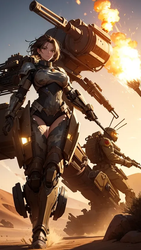 Cinematic, steampunk, highest quality, Ultra HD CG Unity 16K Wallpaper, A dynamic composition with a sense of speed and movement, Powerful gunfire scene, A sexy 40 year old MILF riding a heavily armored steam engine motorcycle in desert camouflage, Perfect...