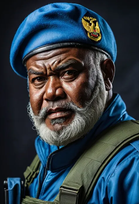 (a dark-skinned bearded fat old man in a blue pilot suit) holding a gun and (wearing blue army beret on his head), muscular, Basuki Abdullah, sumatraism, action, a character portrait, heroic, fierce, snarling