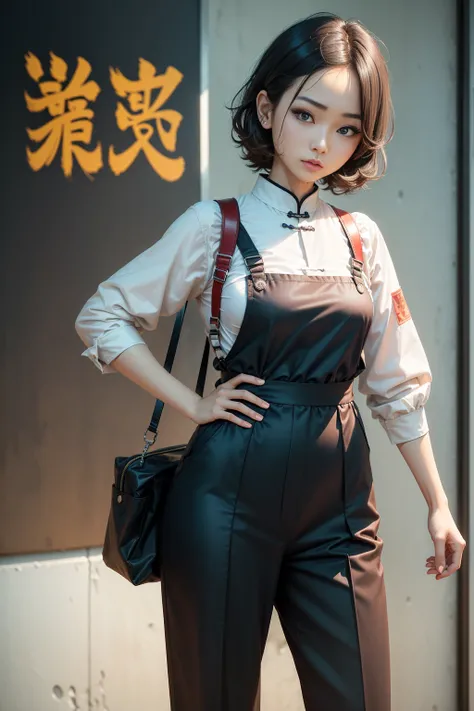 ((((Dramatic))), (((Perseverance))), (((intense))) The poster centers on a young female doctor。她confidence地站在海报中央，Wearing Chinese medicine clothing，trousers，The clothes are very neat，With a gentle expression on his face。background阴暗而粗糙，There is a sense of ...