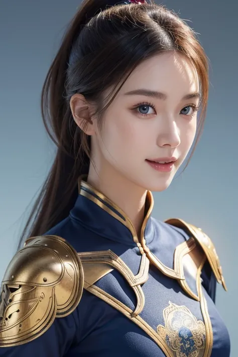 (best quality), (masterpiece), (high resolution), (intricate details:0.2), (professional lighting), simple background, chinese armor, off shoulder, (previous view), 1girl, solo, (beautiful face:1.40), curvaceous body, fine skin, smile, long ponytail brown ...