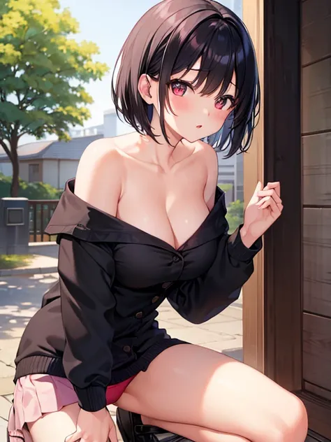 NFSW、masterpiece、Highest quality、Ultra-high resolution、Medium breasted girl、red and large eyes,、Black Hair、Medium Haircut、Get on your knees and turn around、Light pink underwear、No jacket