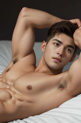 1boy, brown hair, side view, facing the camera, sexy G-string, shirtless, lifted arms, stretching, lying down on the bed, spread legs, Very detailed handsome face, Heroic, Large muscles, bedroom background, clean cut hair,