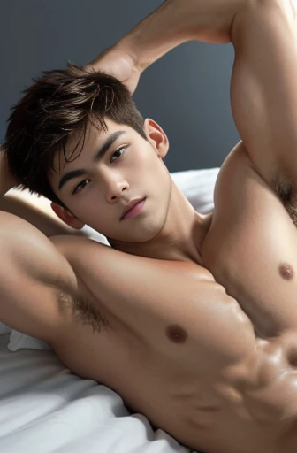 1boy, brown hair, side view, facing the camera, sexy G-string, shirtless, lifted arms, stretching, lying down on the bed, spread legs, Very detailed handsome face, Heroic, Large muscles, bedroom background, clean cut hair,