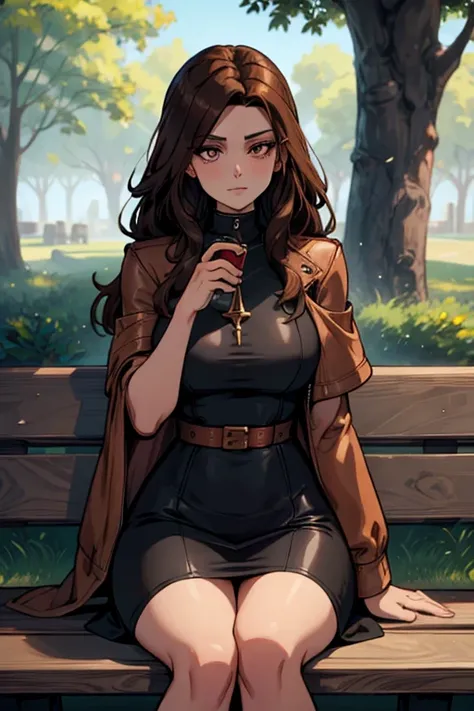 A brown haired female witch with copper eyes and an hourglass figure in a leather jacket and a t-shirt dress is reading on a park bench