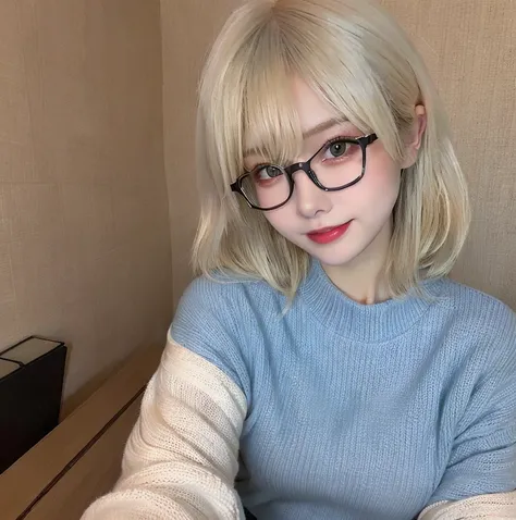 highest quality, shape, Very detailed, finely, High resolution, 8k wallpaper,, finelyて美しい目, Wearing a pale blue knit,Medium Hair,Natural color lip, smile、cute、Blonde、The background is the city、Upper Body、Long legs、Wearing glasses、22 years old