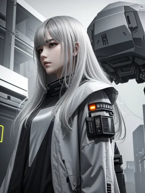 cyberpunk characters，Silver-haired girl，The mech stood behind the girl。