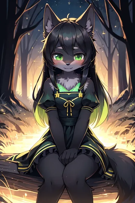 ( Absurdly , High quality , ultra detailed ) ,( hand detailed ) absurdres(highly detailed beautiful face and eyes)perfect anatomy, 1girl, solo, young, (wolf fox) (10-year-old (female black wolf), (flat chest) (bright green eyes), ((black fur, extremely lon...