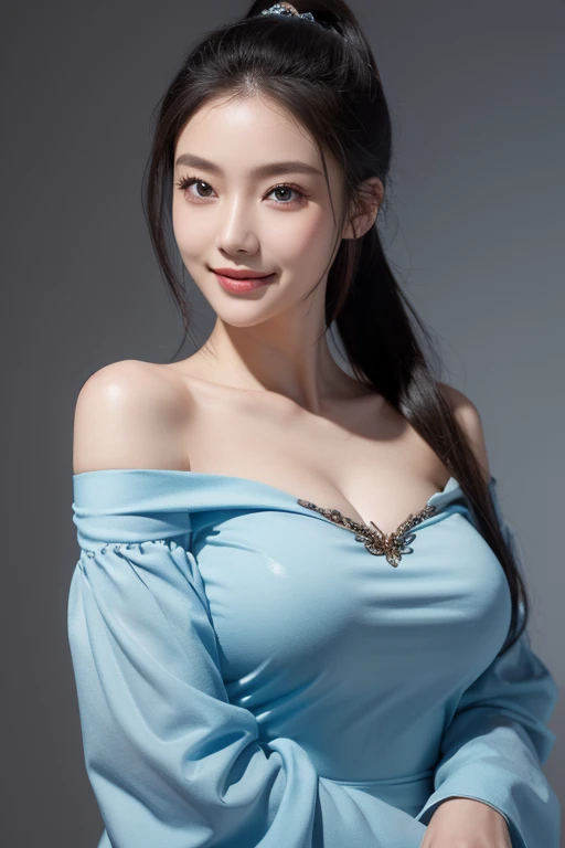 (best quality), (masterpiece), (high resolution), (intricate details:0.2), (professional lighting), simple background, chinese dress, off shoulder, (previous view), 1girl, solo, (beautiful face:1.40), curvaceous body, fine skin, smile, long ponytail black ...